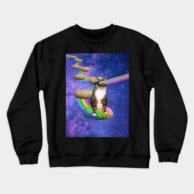 Cute tabby cat in outer space shooting cool rainbows from the sunglasses Crewneck Sweatshirt by Purrfect